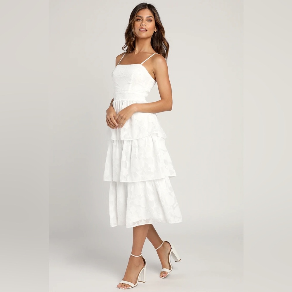 Lulus Grace and Beauty White Burnout Floral Print Tiered Dress